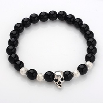 Unique Design Skull Gemstone Beaded Stretch Bracelets, with Alloy Beads and Brass Textured Beads, Black Stone, 53mm