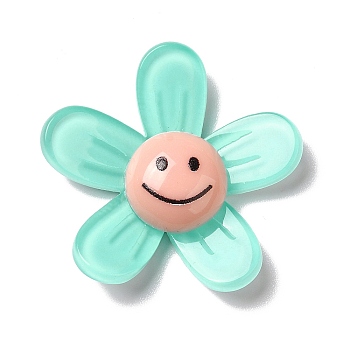 Acrylic Cabochons, Flower with Smiling Face, Aquamarine, 34x35.5x8mm