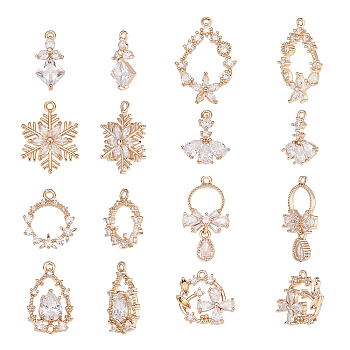 16Pcs 8 Style Brass Micro Pave Clear Cubic Zirconia Pendants, Long-Lasting Plated, Flower & Teardrop & Snowflake, Light Gold, 16~25.5x8~17x3~4mm, Hole: 1.2~1.6mm, 2pcs/style
