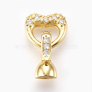 Brass Micro Pave Cubic Zirconia Fold Over Clasps, Heart, Clear, Real 18K Gold Plated, 18mm, Inner: 4mm(KK-P164-07G)