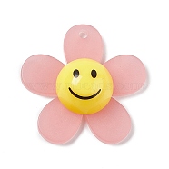 Frosted Translucent Acrylic Pendants, Sunflower with Smiling Face Charm, Pink, 29x30x9mm, Hole: 1.8mm(OACR-P012-C03)