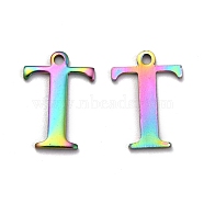 Ion Plating(IP) 304 Stainless Steel Alphabet Charms, Rainbow Color, Letter.T, 12x8.5x1mm, Hole: 1mm(STAS-H122-T-M)