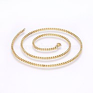 304 Stainless Steel Box Chain Necklaces, with Lobster Claw Clasps, Golden, 19.7 inch(50cm), 1.5mm(NJEW-F226-05G-03)