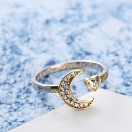 Brass Micro Pave Clear Cubic Zirconia Cuff Rings, Adjustable Rings, Moon & Heart, Platinum & Golden(SJEW-BB61065-B)