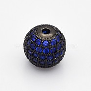 CZ Brass Micro Pave Grade AAA Blue Color Cubic Zirconia Round Beads, Cadmium Free & Nickel Free & Lead Free, Gunmetal, 8mm, Hole: 1.7mm(KK-O065-8mm-03B-NR)