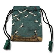 Rectangle Chinese Style Cloth Jewelry Drawstring Gift Bags for Earrings, Bracelets, Necklaces Packaging, Crane Pattern, Teal, 12x10cm(PAAG-PW0007-08F)