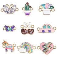 45Pcs 9 Styles Alloy Enamel Connector Charms, with Paillette, Light Gold, Rainbow & Butterfly & Cactus & Unicorn & Car, Mixed Shapes, Mixed Color, 10~20x12.5~21x1~2mm, Hole: 1.8mm, 5pcs/style(ENAM-CJ0004-79)