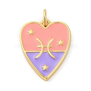 Brass Enamel Pendants, with Jump Ring, Real 14K Gold Plated, Heart with Twelve Constellations Charm, Pisces, 19x15x2mm, Hole: 3mm(KK-Z077-01G-05)