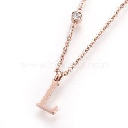 304 Stainless Steel Initial Pendant Necklaces, with Glass Rhinestone, Crystal, Rose Gold, Letter.L, 16.1~16.5 inch(41~42cm), Pendant: 11x5~8.5x1mm(NJEW-G321-04RG-L)