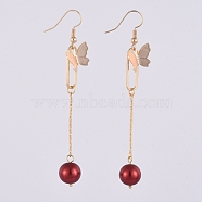 Dangle Earrings, with Glass Pearl Round Beads, Iron Bar Links, Brass Pendant and Earring Hooks, Butterfly & Oval, Red, 81mm, Pin: 0.7mm(EJEW-JE03972-04)
