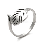 201 Stainless Steel Finger Rings, Hollow Out Leaf Wide Band Rings for Women, Stainless Steel Color, US Size 7 1/4(17.5mm), Leaf: 13x13mm(RJEW-G278-30P)
