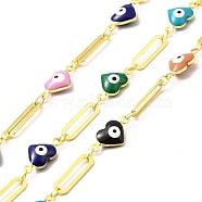 Handmade Eco-friendly Brass Enamel Heart with Evil Eye Link Chain, Real 18K Gold Plated, Lead Free & Cadmium Free, Soldered, with Spool, Colorful, 14.5x7x4mm(CHC-I045-16G)