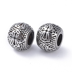 304 Stainless Steel Beads, Large Hole Beads, Rondelle with Cross, Antique Silver, 13x10mm, Hole: 5.5mm(STAS-G198-05AS)