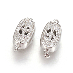 925 Sterling Silver Box Clasps, with Cubic Zirconia, Carved with 925, Oval with Peace Sign, Platinum, Clear, 18x8x7mm, Hole: 1mm(STER-L059-06P)