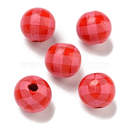 Printed Wood European Beads, Round with Tartan Pattern, Light Coral, 15.5~16mm, Hole: 4~4.5mm(WOOD-G022-13E)