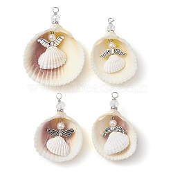 4 Styles Natural Shell Big Pendants, Guardian Angel Charms with Tibetan Style Alloy Wings, Antique Silver, 54~65x35~48.5x13.5~17.5mm, Hole: 3mm(PALLOY-JF02637)