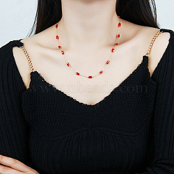 Titanium Steel & Red Glass Rectangle Link Chain Necklaces for Women, Golden, 16.14 inch(41cm)(NJEW-H047-04G)