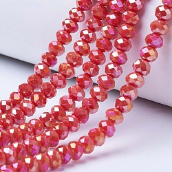 Electroplate Glass Beads Strands, Opaque Solid Color, AB Color Plated, Faceted, Rondelle, Red, 4x3mm, Hole: 0.4mm, about 130pcs/strand, 16.54 inch(42cm)(EGLA-A034-P4mm-B06)