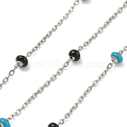 304 Stainless Steel Enamel Link Chains, Soldered, with Spool, Flat Round, Deep Sky Blue, 2x1.5x0.5mm(AJEW-Z028-09P-06)