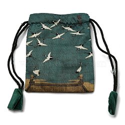 Rectangle Chinese Style Cloth Jewelry Drawstring Gift Bags for Earrings, Bracelets, Necklaces Packaging, Crane Pattern, Teal, 12x10cm(PAAG-PW0007-08F)