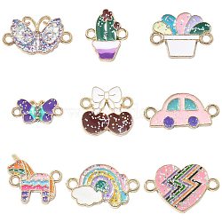 45Pcs 9 Styles Alloy Enamel Connector Charms, with Paillette, Light Gold, Rainbow & Butterfly & Cactus & Unicorn & Car, Mixed Shapes, Mixed Color, 10~20x12.5~21x1~2mm, Hole: 1.8mm, 5pcs/style(ENAM-CJ0004-79)