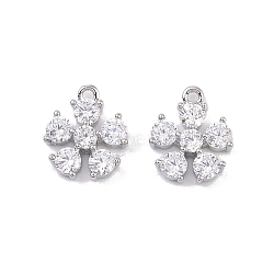 Brass Micro Pave Clear Cubic Zirconia Pendants, Flower Charms, Real Platinum Plated, 8.6x7x2.5mm, Hole: 0.8mm(KK-K351-42B-P)