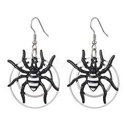 Alloy Enamel with Brass Dangle Earrings, Spider & Ring Long Drop Earrings, Platinum, 60x35mm(EJEW-TA00432)