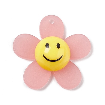 Frosted Translucent Acrylic Pendants, Sunflower with Smiling Face Charm, Pink, 29x30x9mm, Hole: 1.8mm