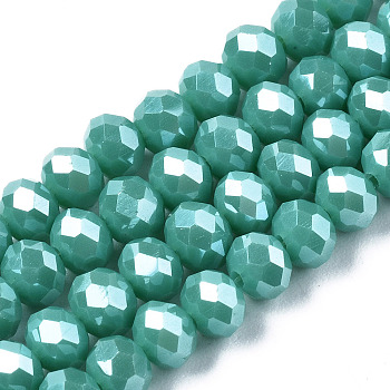 Electroplate Glass Beads Strands, Pearl Luster Plated, Faceted, Rondelle, Light Sea Green, 6x5mm, Hole: 1mm, about 84~85pcs/strand, 41.5~42cm