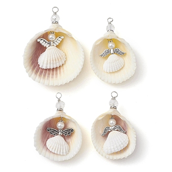 4 Styles Natural Shell Big Pendants, Guardian Angel Charms with Tibetan Style Alloy Wings, Antique Silver, 54~65x35~48.5x13.5~17.5mm, Hole: 3mm