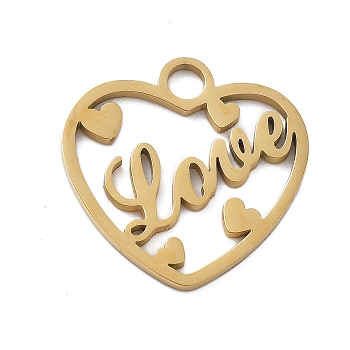 304 Stainless Steel Pendants, Laser Cut, Heart with Word Love Charm, Real 18K Gold Plated, 20x19.5x1mm, Hole: 2.5mm