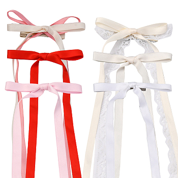12Pcs 6 Colors Platinum Iron Alligator Hair Clips for Girls, with Polyester Bowknot, Mixed Color, 285~388x85~88x9~11.5mm, 2pcs/color