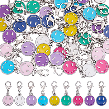 54Pcs Alloy Enamel Pendant Decorations, with Alloy Lobster Claw Clasps, Flat Round with Smiling Face, Mixed Color, 28mm, 9pcs/set