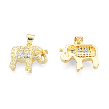 Brass Micro Pave Clear Cubic Zirconia Pendants, with Brass Snap on Bails, Nickel Free, Elephant, Real 18K Gold Plated, 16x19x5mm, Hole: 3x4mm