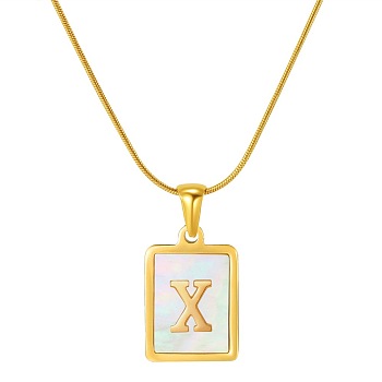 Stainless Steel Snake Bone Chain Alphabet Necklace with Shell Pendant, Letter X, Golden