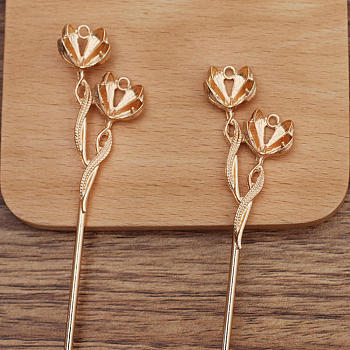 Alloy Hair Stick Findings, Vintage Decorative for Hair Diy Accessory, Flower Shape, Light Gold, 160x27mm, Hole: 2mm