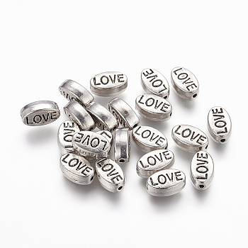 Tibetan Style Alloy Beads, Oval with Word Love, Valentine's Day, Cadmium Free & Nickel Free & Lead Free, Antique Silver, 10x6x4mm, Hole: 1mm