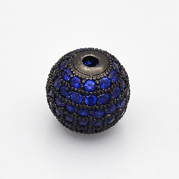 CZ Brass Micro Pave Grade AAA Blue Color Cubic Zirconia Round Beads, Cadmium Free & Nickel Free & Lead Free, Gunmetal, 8mm, Hole: 1.7mm