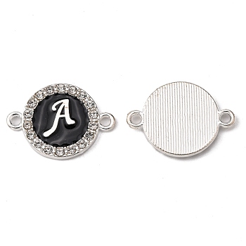 Alloy Enamel Links Connectors, with Crystal Rhinestones, Flat Round with Letter, Silver Color Plated, Letter.A, 22x16x2mm, Hole: 1.8mm