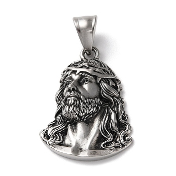 Ion Plating(IP) 304 Stainless Steel Pendants, Jesus Face Charm, Antique Silver, 31.5x23.5x5.5mm, Hole: 4.5x8.5mm