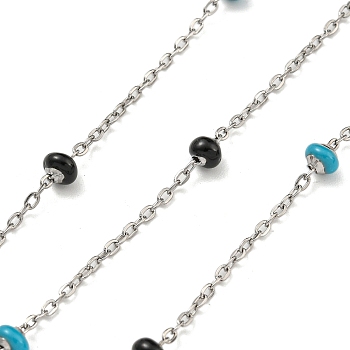 304 Stainless Steel Enamel Link Chains, Soldered, with Spool, Flat Round, Deep Sky Blue, 2x1.5x0.5mm