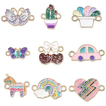45Pcs 9 Styles Alloy Enamel Connector Charms, with Paillette, Light Gold, Rainbow & Butterfly & Cactus & Unicorn & Car, Mixed Shapes, Mixed Color, 10~20x12.5~21x1~2mm, Hole: 1.8mm, 5pcs/style