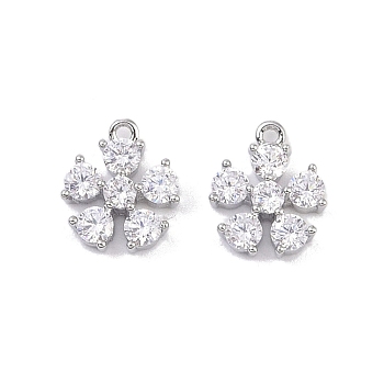 Brass Micro Pave Clear Cubic Zirconia Pendants, Flower Charms, Real Platinum Plated, 8.6x7x2.5mm, Hole: 0.8mm