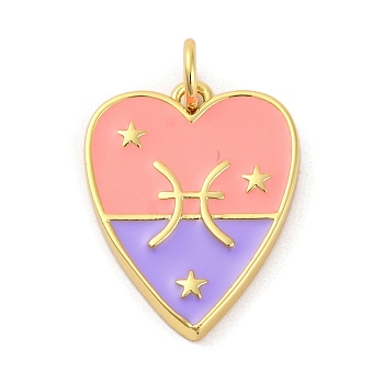 Brass Enamel Pendants, with Jump Ring, Real 14K Gold Plated, Heart with Twelve Constellations Charm, Pisces, 19x15x2mm, Hole: 3mm