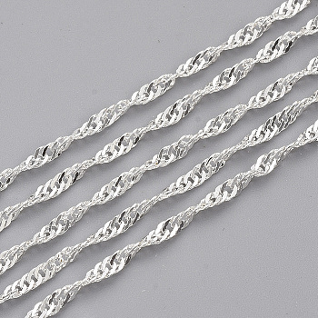 Soldered Brass Covered Iron Singapore Chains, Water Wave Chains, with Spool, Silver Color Plated, 2x1.2x0.3mm, about 328.08 Feet(100m)/roll