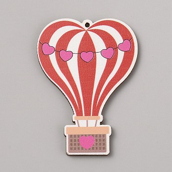 Single Face Printed Heart Wood Big Pendants, Valentine's Day Wooden Charms, Hot Air Balloon, 55x40x2.5mm, Hole: 1.5mm