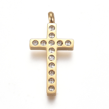 304 Stainless Steel Pendants, with Rhinestone, Cross, Crystal, Golden, 22x11x2mm, Hole: 1.8mm