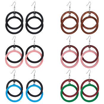 6 Pairs 6 Colors Wood Double Ring Dangle Earrings with Iron Pins for Women, Mixed Color, 87x49mm, 1 Pair/color