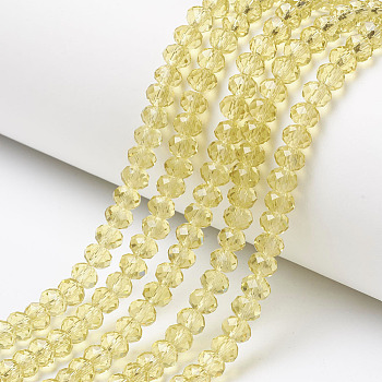 Glass Beads Strands, Faceted, Rondelle, Light Khaki, 4x3mm, Hole: 0.4mm, about 123~127pcs/strand, 16.5~16.9 inch(42~43cm)