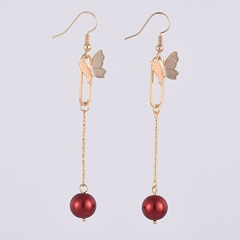 Dangle Earrings, with Glass Pearl Round Beads, Iron Bar Links, Brass Pendant and Earring Hooks, Butterfly & Oval, Red, 81mm, Pin: 0.7mm